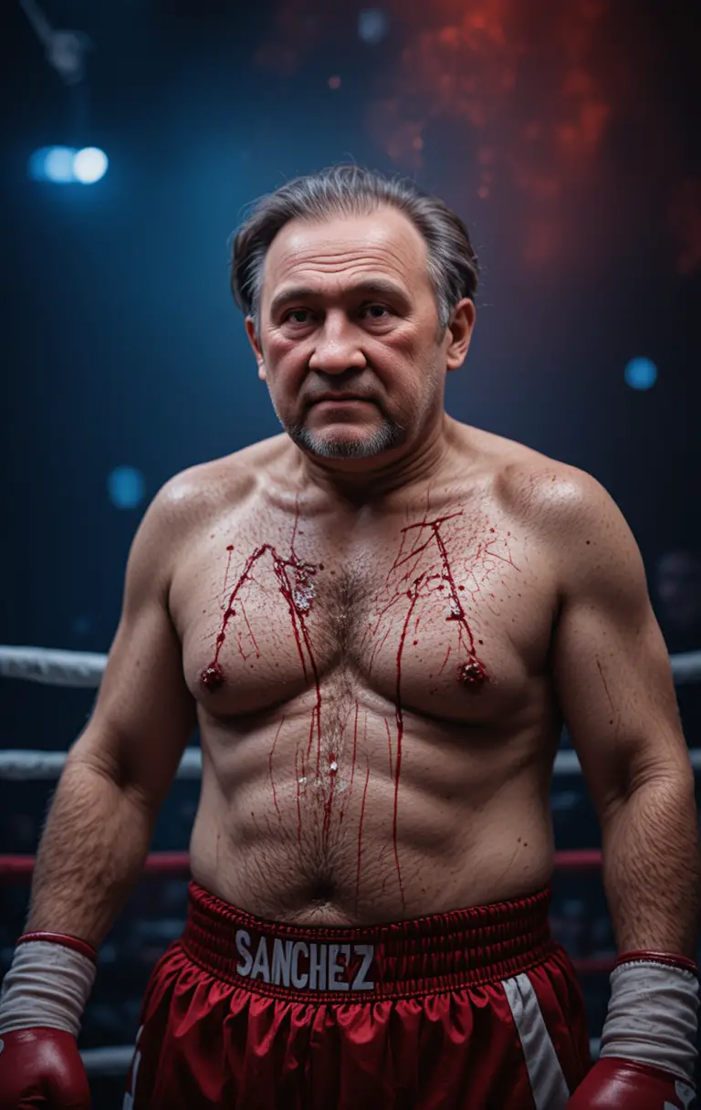 Ein erschöpfter Boxer steht gezeichnet und blutüberströmt unter dramatischer Ringbeleuchtung
