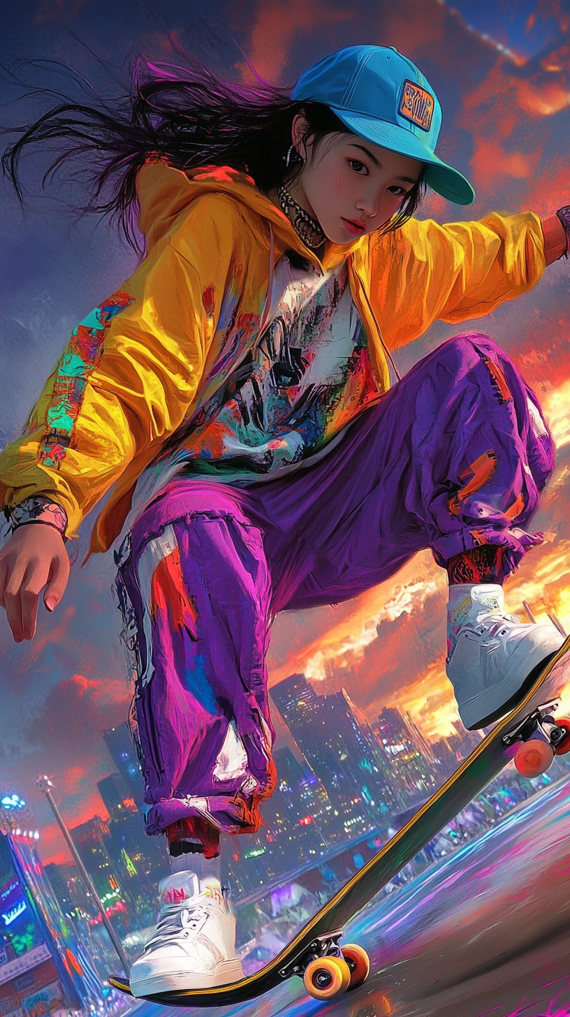 Skatista de anime faz uma manobra num skatepark urbano ao anoitecer