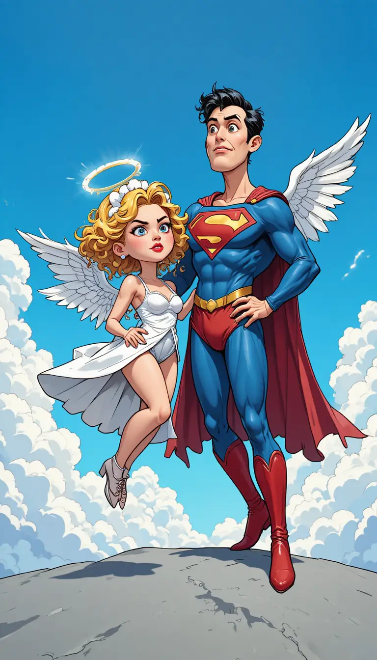 A Grumpy Angel Meets a Bewildered Winged Superhero Among the Clouds