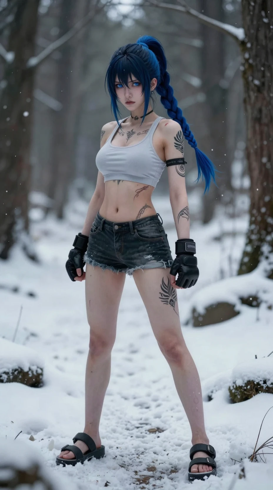 Una princesa guerrera de anime en medio de un sereno bosque invernal