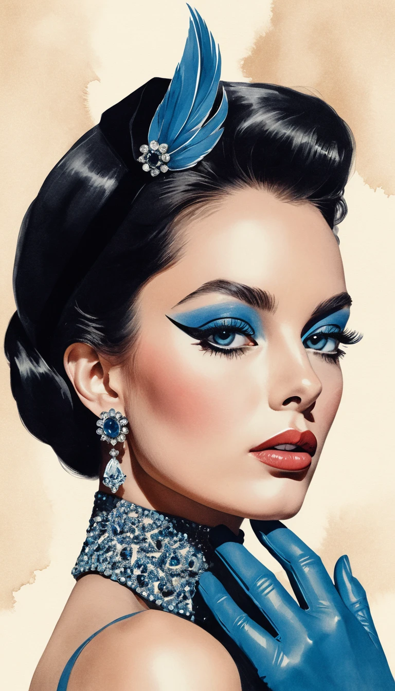 Retrato retro de uma mulher glamorosa com delineado gatinho e sombra azul