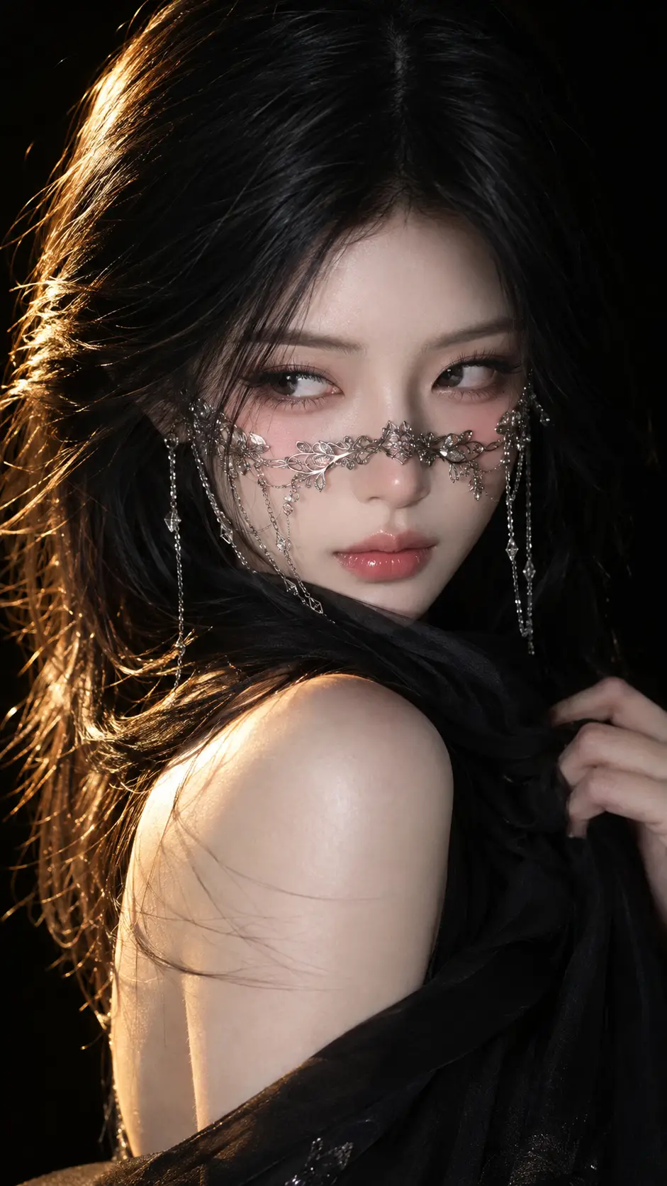 黑色背景前，一位戴著銀色面紗的女子回眸
