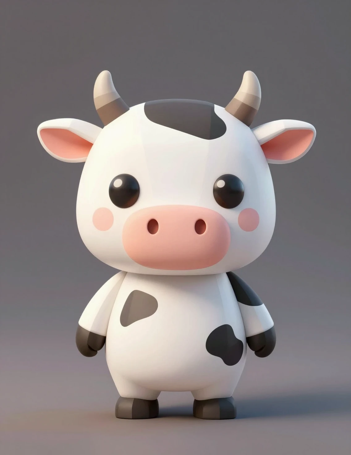 Uma vaca de desenho animado low poly está diante de um fundo neutro