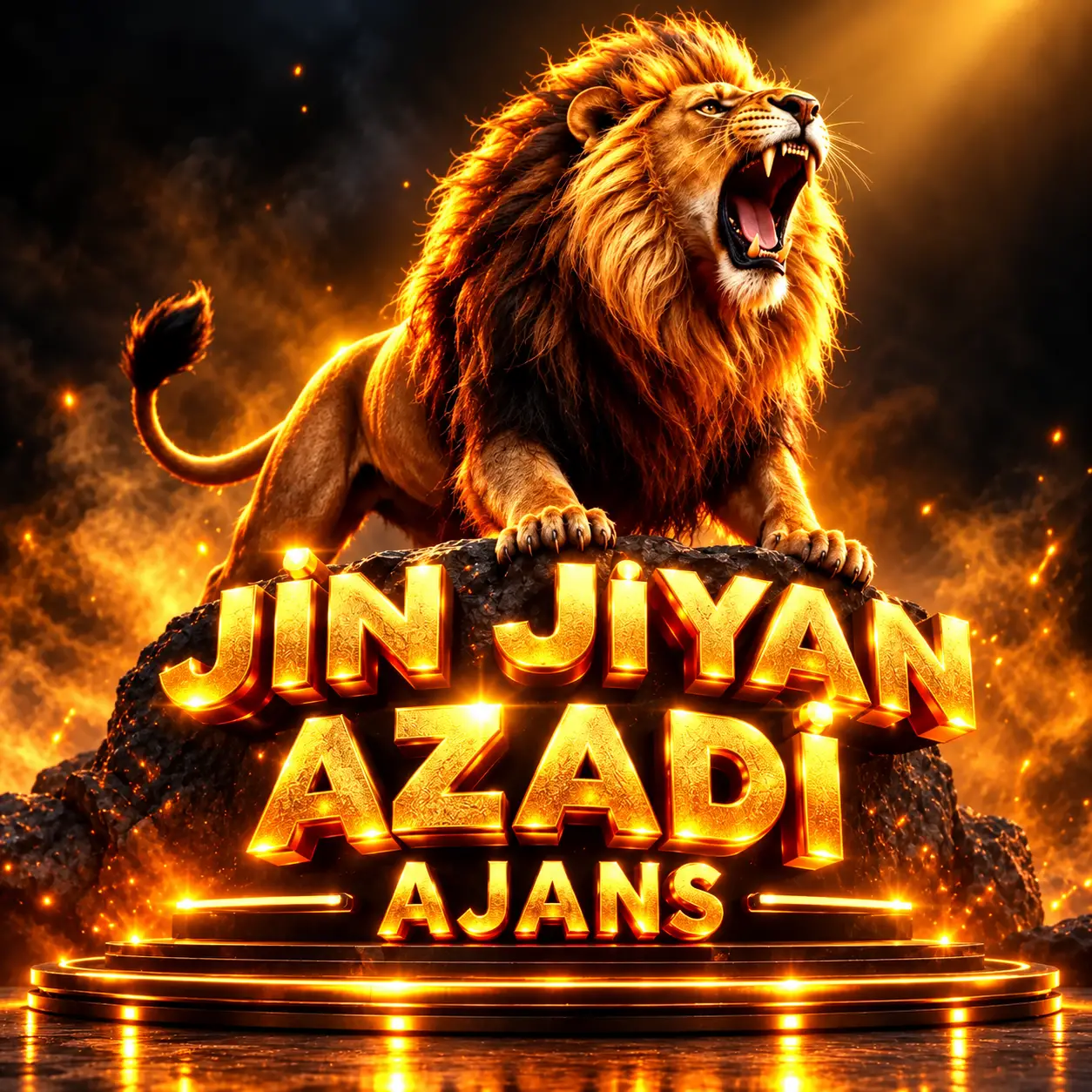 Un lion en trois dimensions rugit à côté d’un slogan clignotant