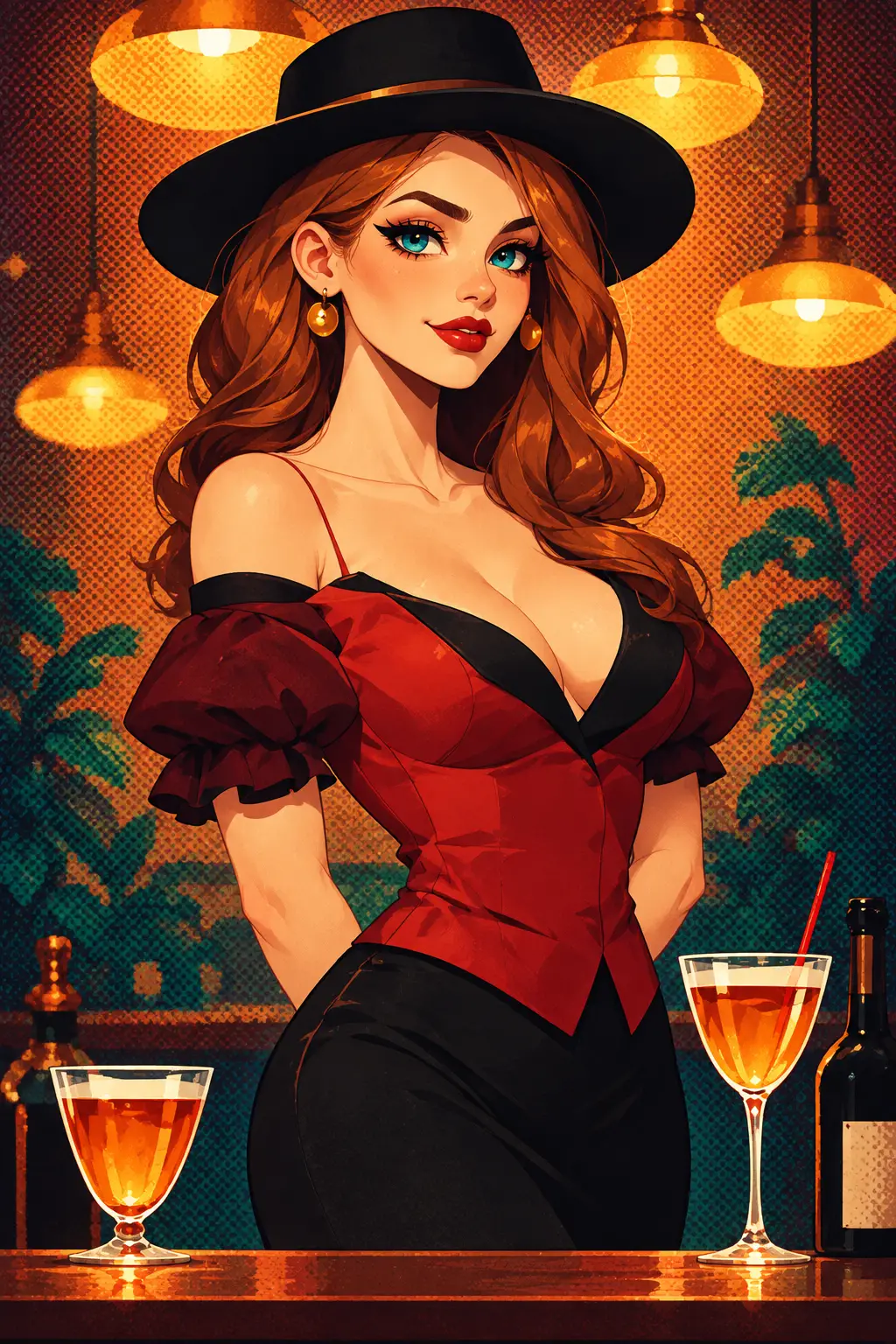 A glamorous woman smiles at a warmly lit cocktail bar