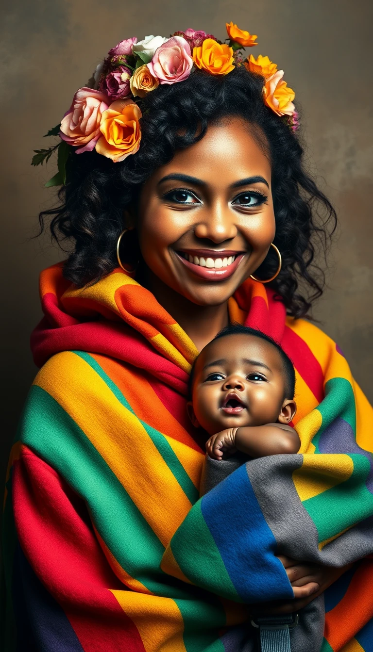 Uma mãe sorridente embala o bebê sob uma coroa de flores colorida, envolto numa manta arco-íris