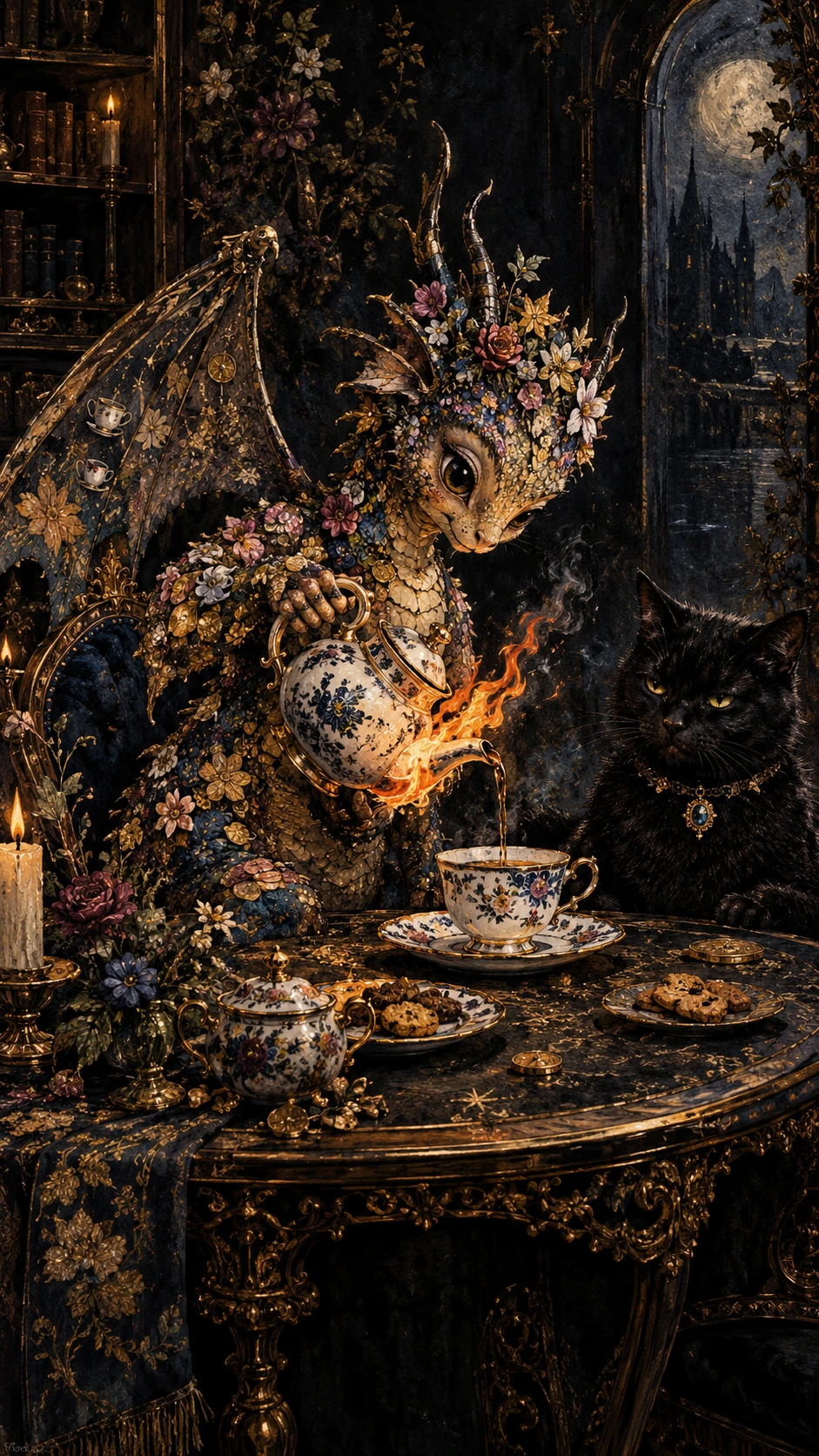 Un pequeño dragón sirve té en una mesa ornamentada con una tetera en llamas