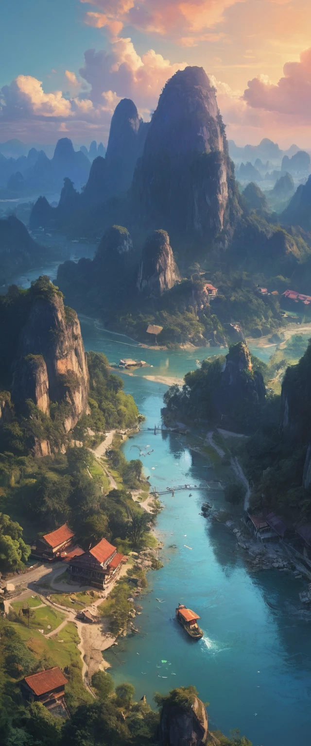황혼 무렵, 거대한 수정 다리 아래로 굽이치는 강
