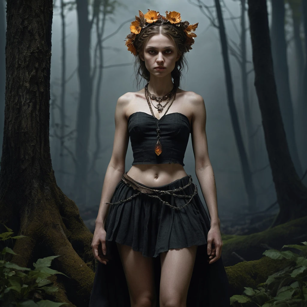 A young witch stands beneath a vast moon in a shadowed forest
