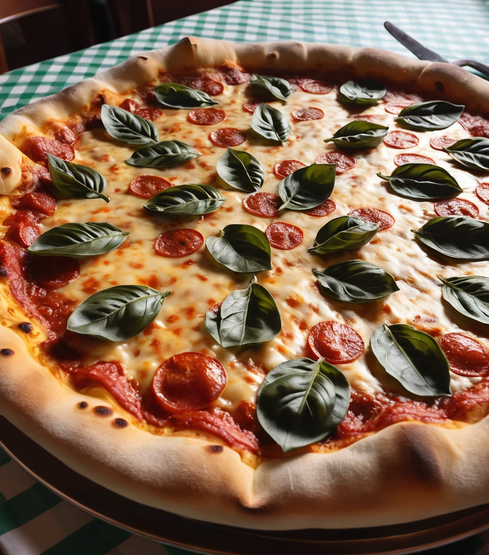 Une pizza au pepperoni tout juste sortie du four fume sur une nappe à carreaux dans une trattoria