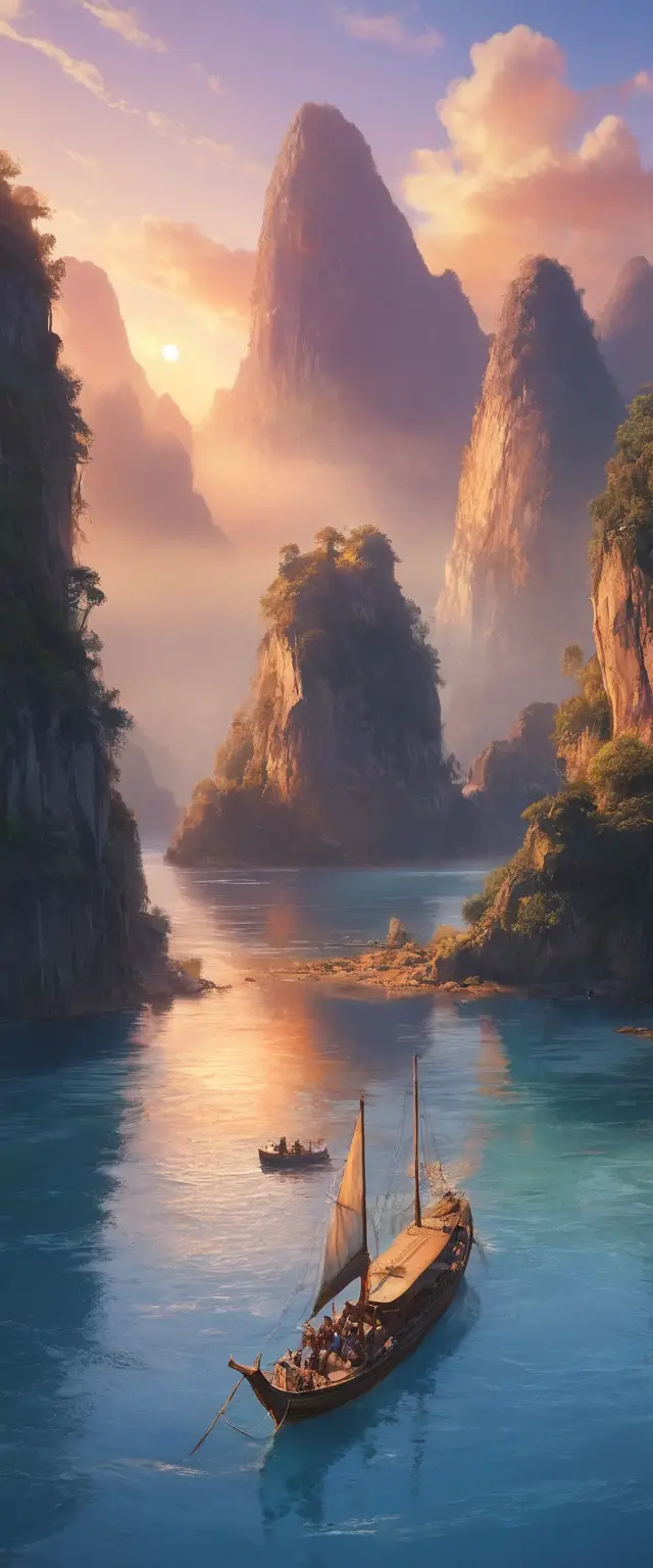 A crystal monument rises beside a curving river at twilight