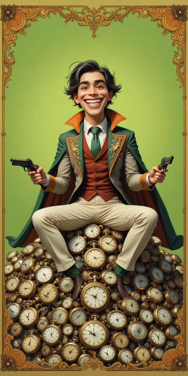 Um homem sorridente de desenho animado sentado sobre um monte de relógios de bolso vintage