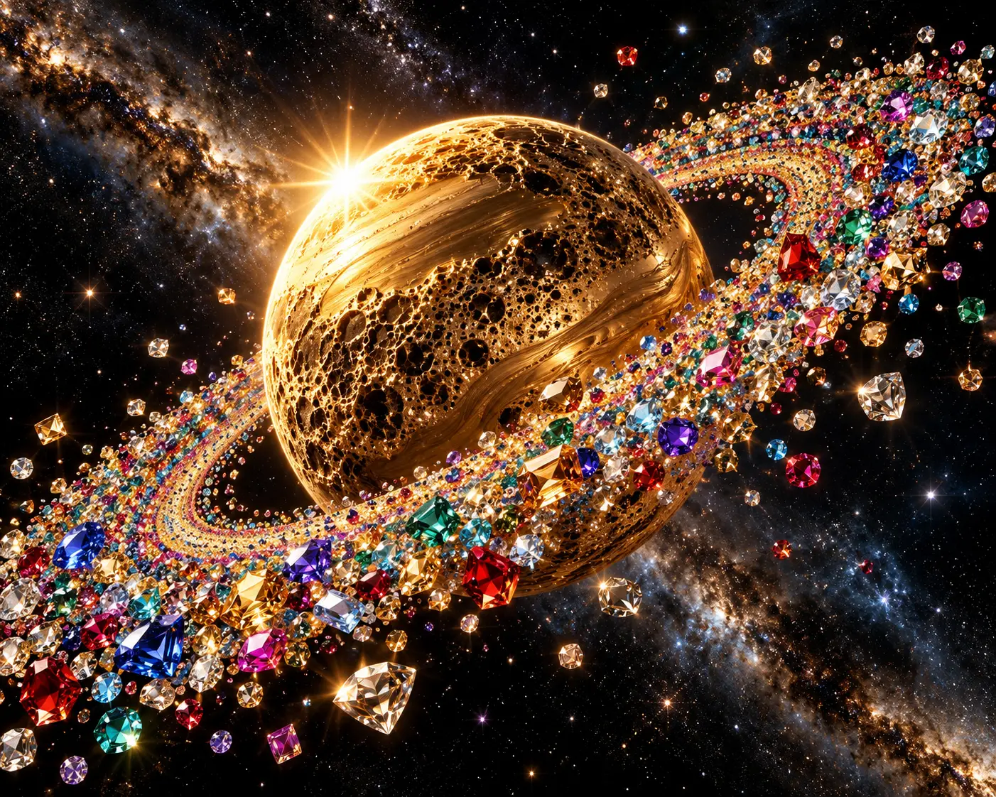 金色土星戴著寶石環，漂浮於漆黑太空
