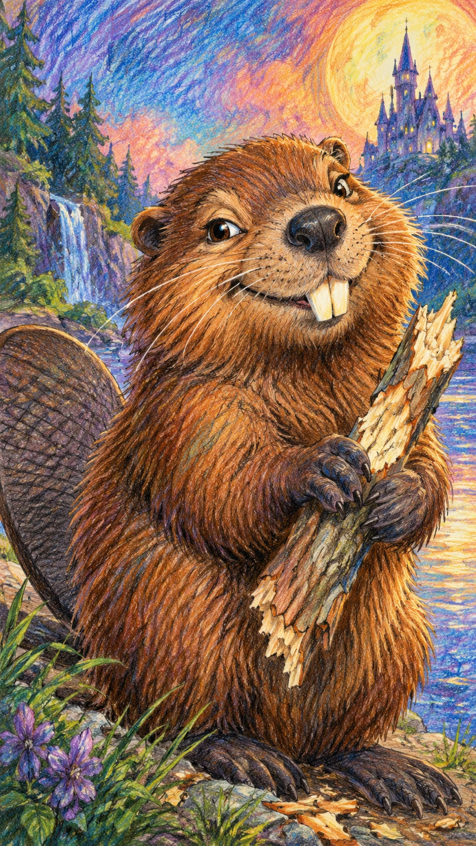 Un portrait fantaisiste de castor dessiné au crayon de couleur avec des traits expressifs