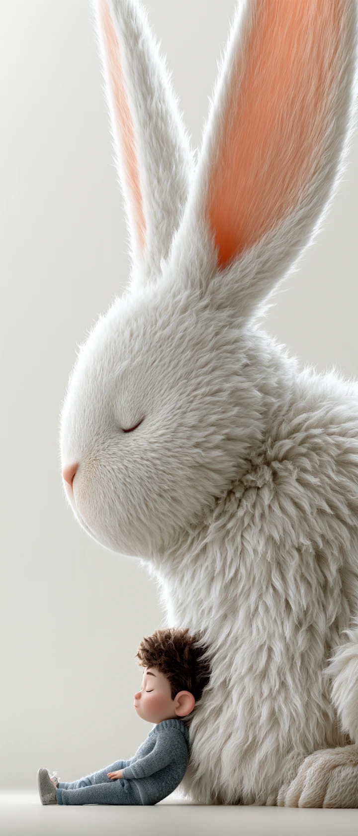 Uma criança pequena encontra conforto ao lado de um coelho branco gigante e fofinho