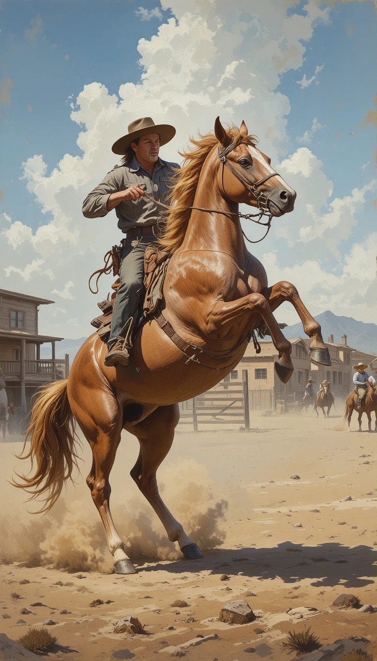 Um cowboy doma um mustangue empinando em um curral poeirento do Velho Oeste