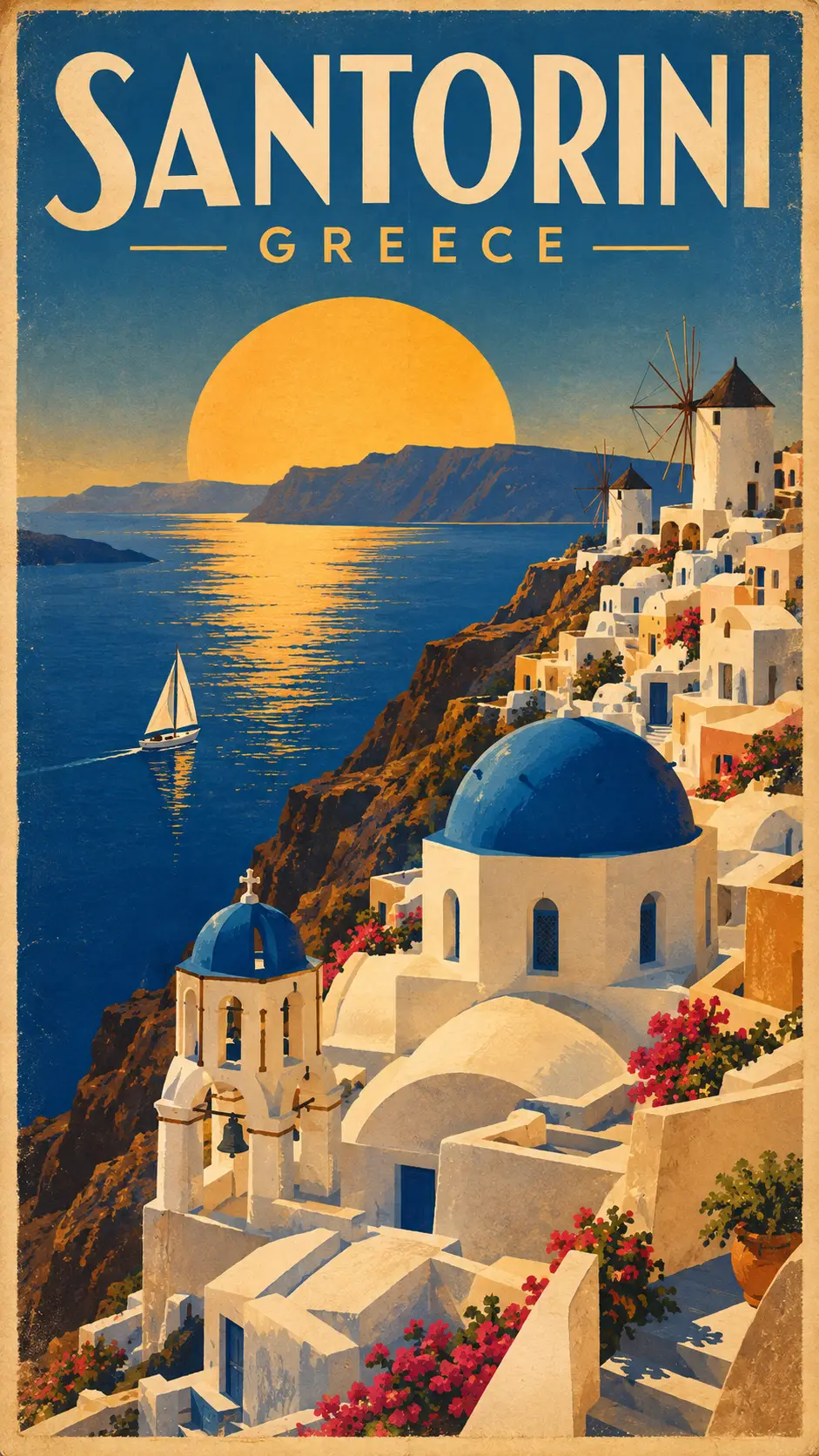 Santorini’s whitewashed village descends toward the deep blue Aegean Sea