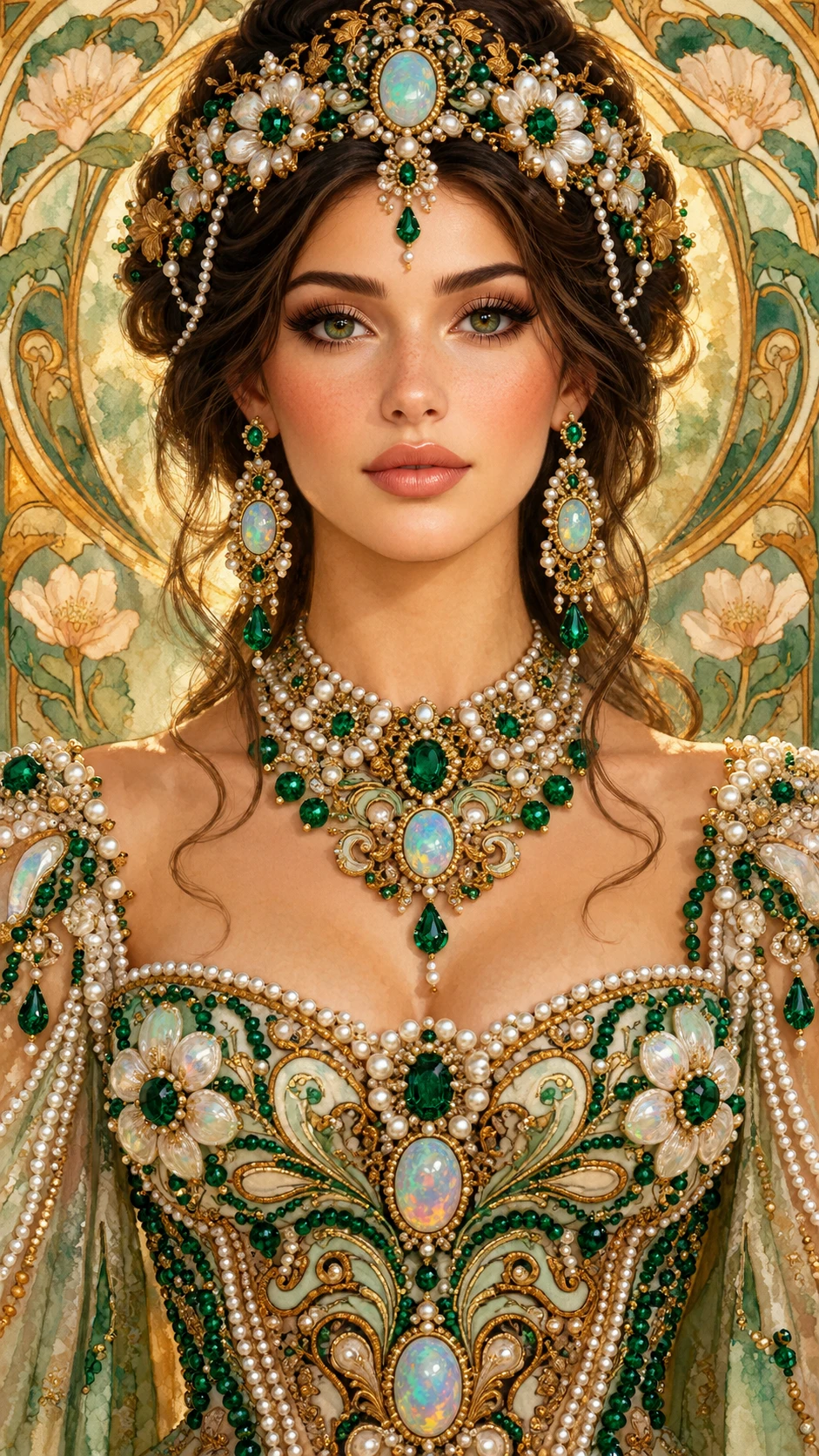 Uma mulher com um vestido ornamentado, cravejado de joias e com filigrana dourada