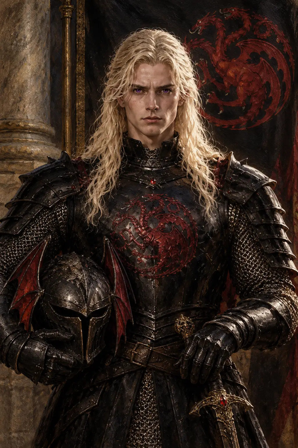 A Young Man in Ornate Dragon Armor Holds a Black Helmet