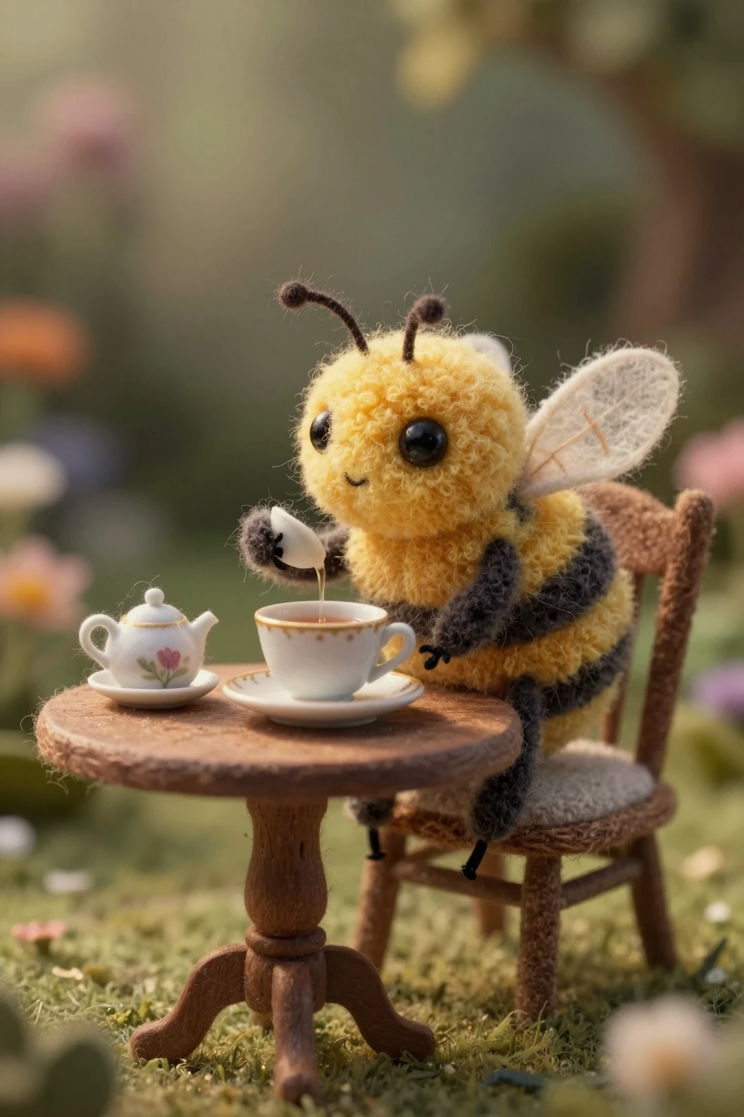Une abeille en laine feutrée prend le thé à une minuscule table en bois