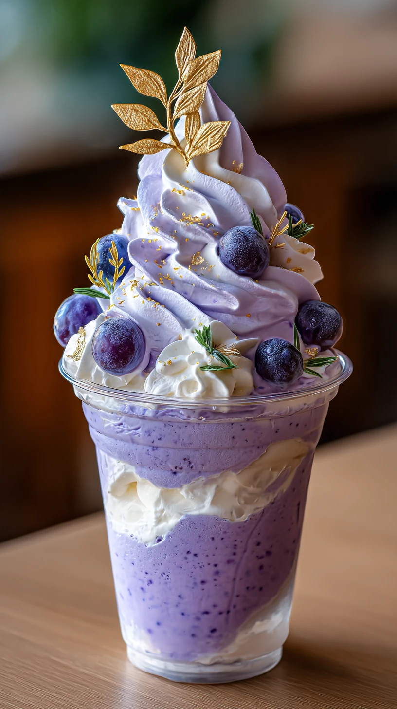 Ein Traubenparfait mit Ube-Eis und Schlagsahne
