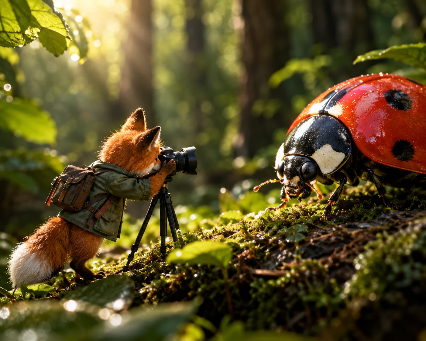 Un minuscolo fotografo volpe immortala una coccinella gigante nella foresta
