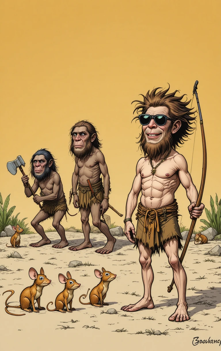 Um desenho humorístico contrasta os primeiros ancestrais humanos com a tecnologia moderna