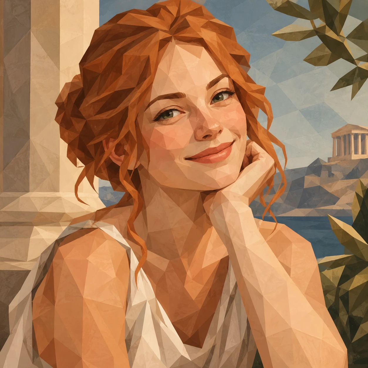 Uma mulher ruiva descontraída sorri em um elegante retrato low-poly