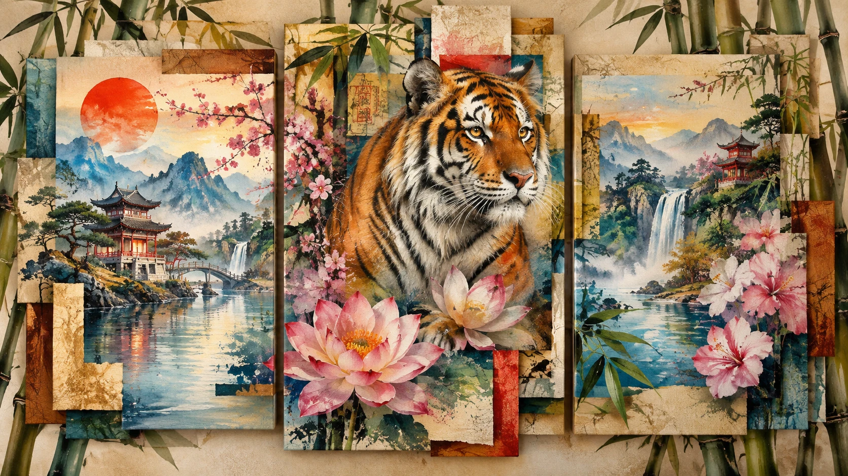 Un tigre et des fleurs donnent vie à un paysage asiatique