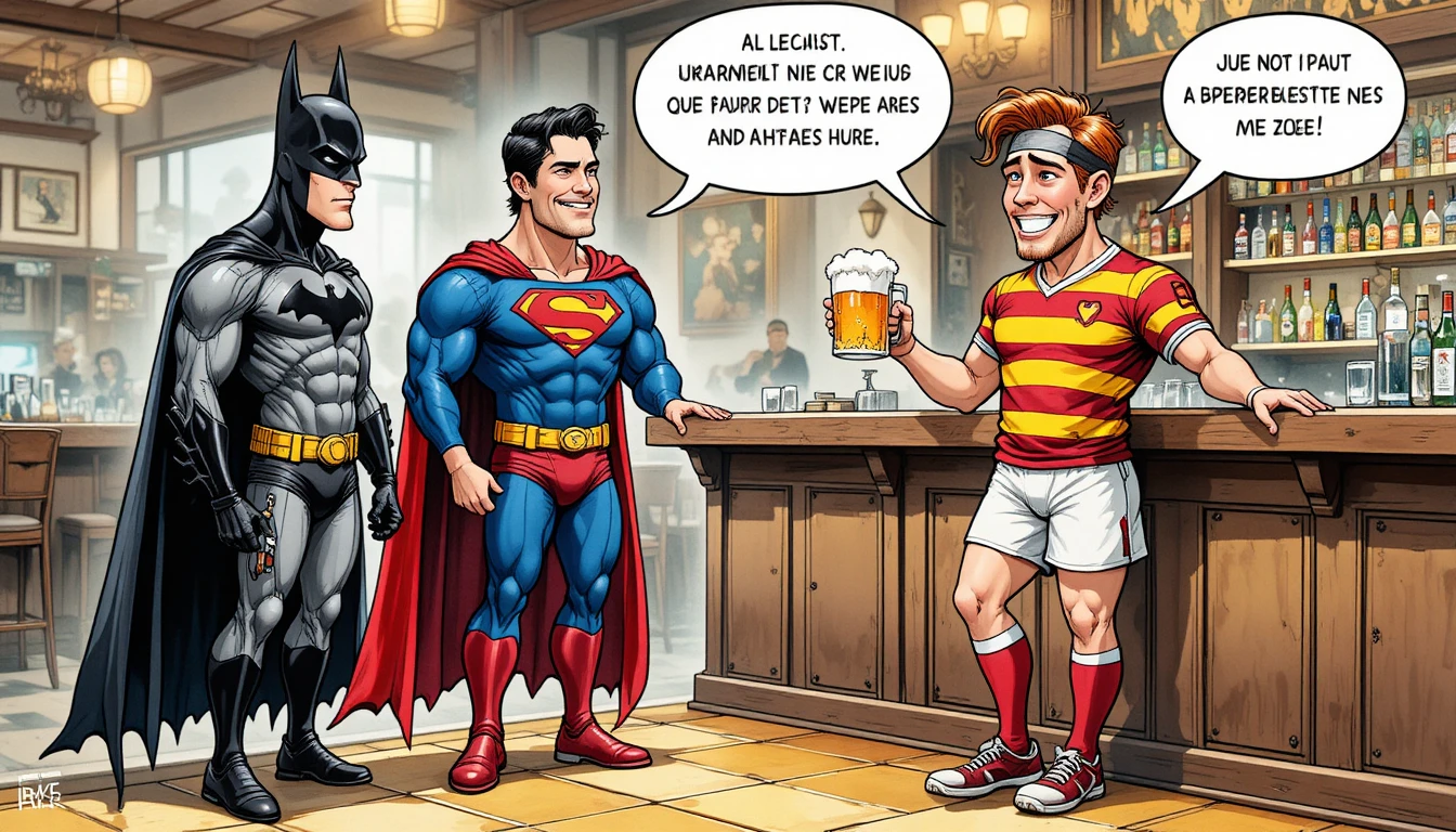 Batman und Superman in einer Kneipe mit einem fröhlichen Rugbyspieler