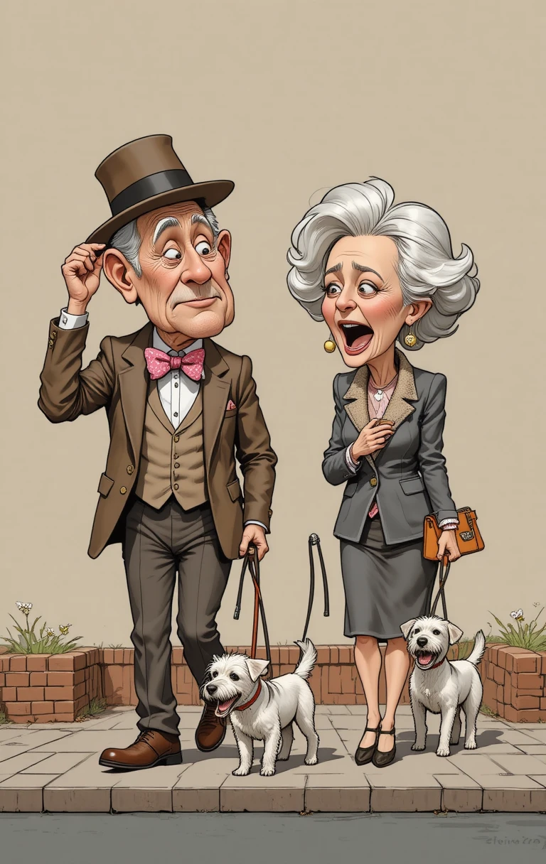 Una pareja de ancianos caricaturizada pasea a sus terriers por la acera