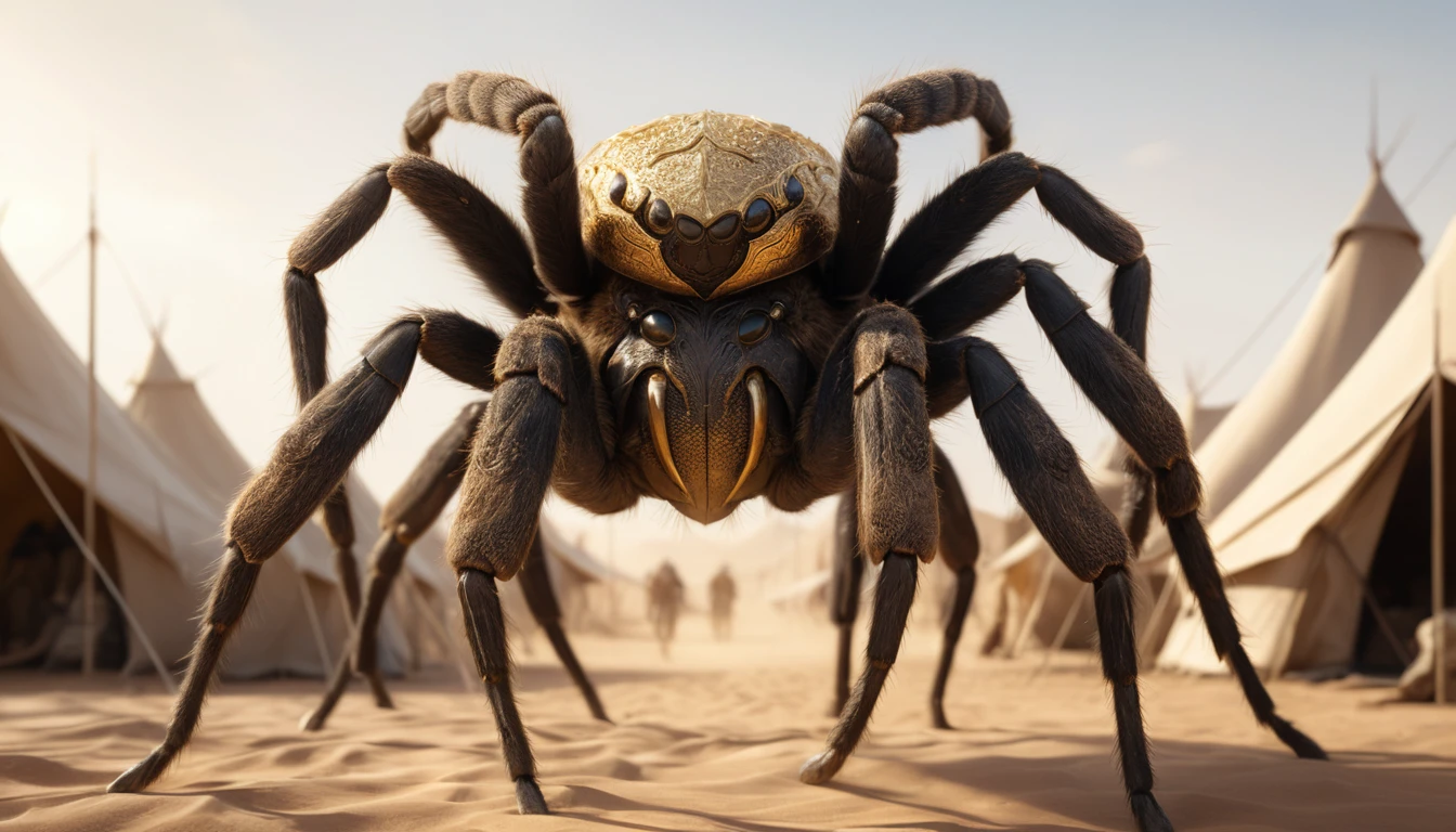 Uma guerreira loira atravessa um acampamento no deserto ao lado de uma tarântula gigante