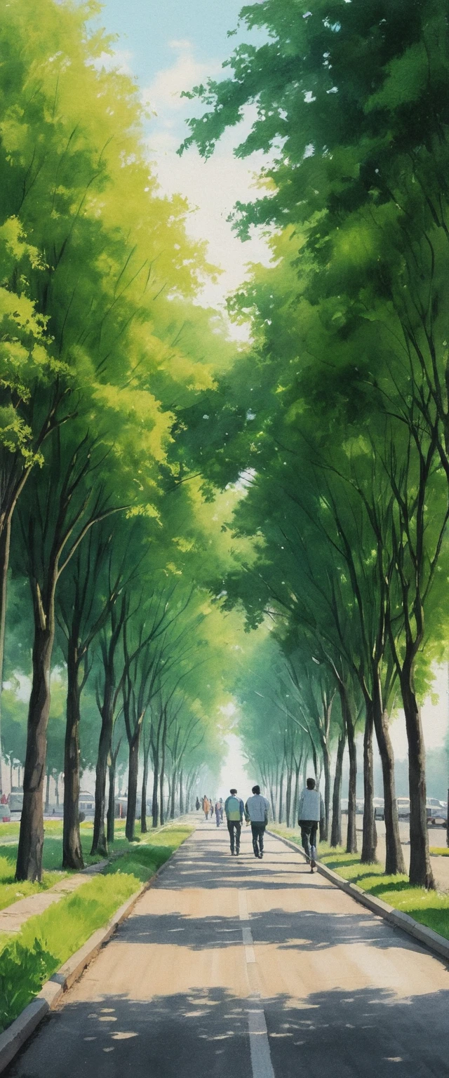 Pedestres desenhados a lápis caminham por uma rua urbana arborizada