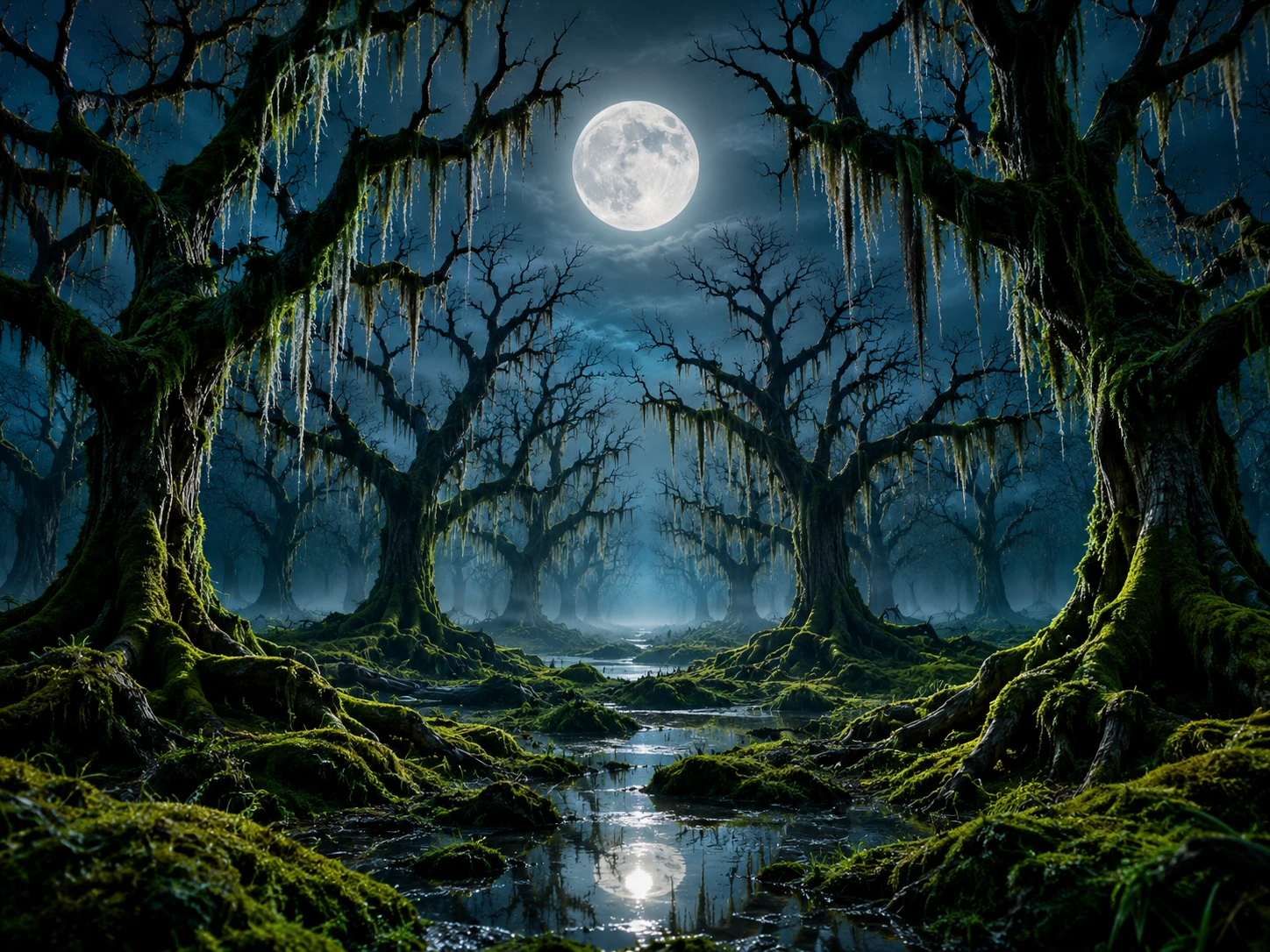 Kahle Bäume mit herabhängendem Moos bei Vollmond in einem verwunschenen Wald