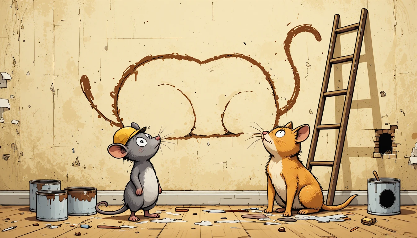 Un topo dispettoso disegna il contorno di un gatto addormentato accanto a un gatto sorpreso
