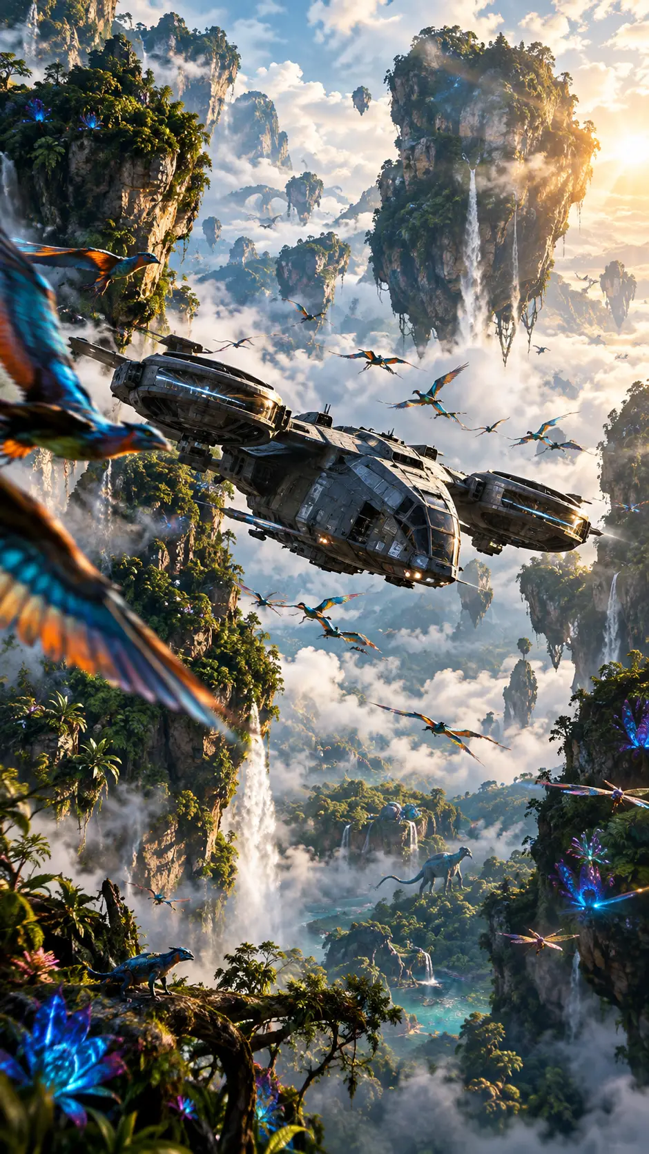 Un velivolo futuristico vola tra vaste cime montuose fluttuanti