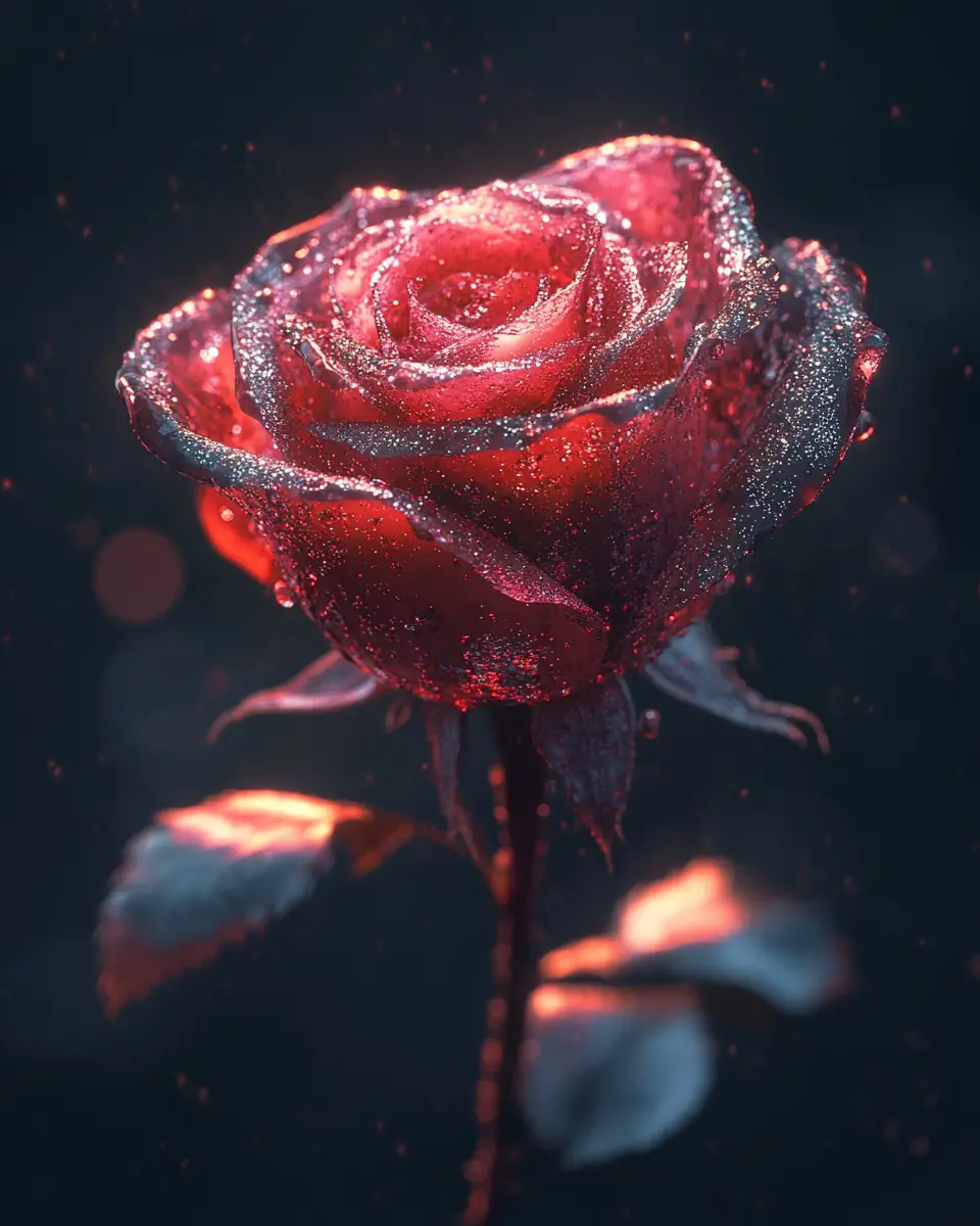 Une rose photoréaliste scintille sur un fond galactique sombre