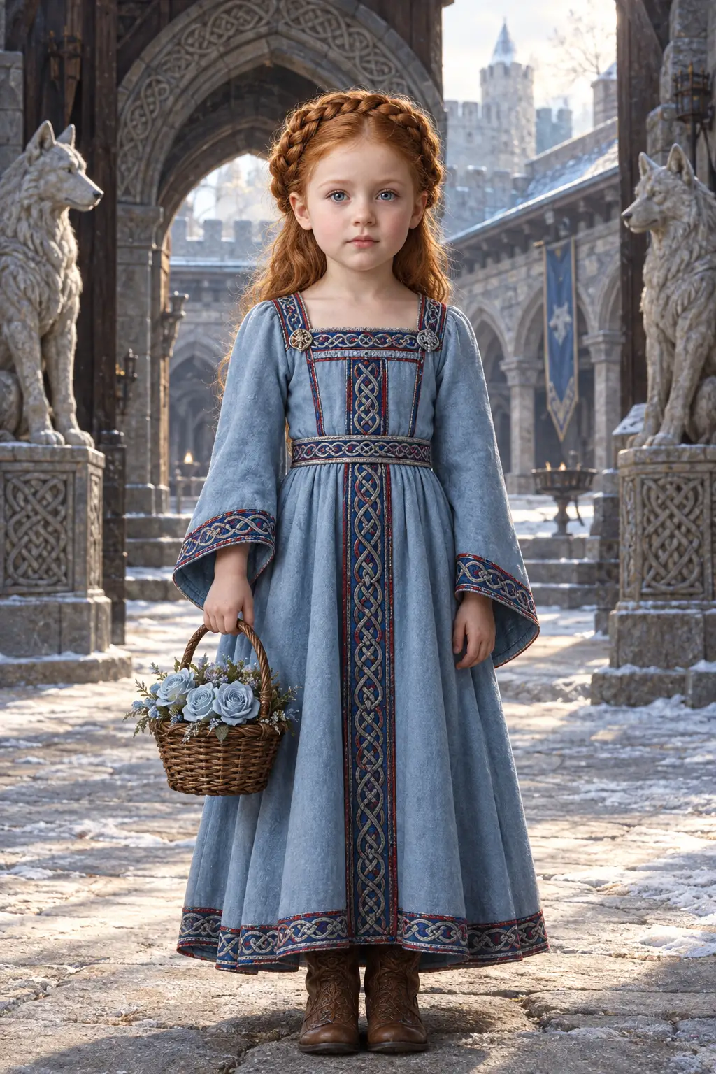 A curly red-haired girl holds flowers in a Renaissance portrait