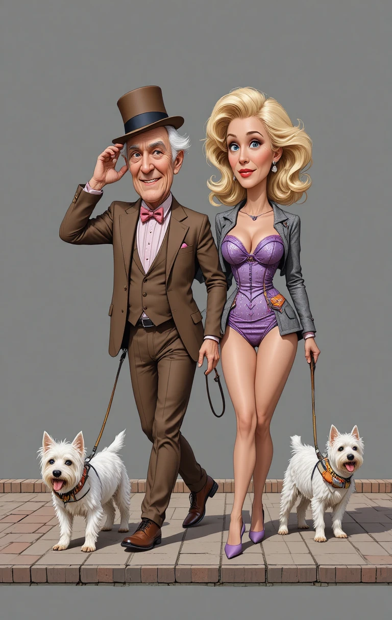 Una pareja de ancianos intercambia un saludo cómico mientras pasea a sus pequeños terriers