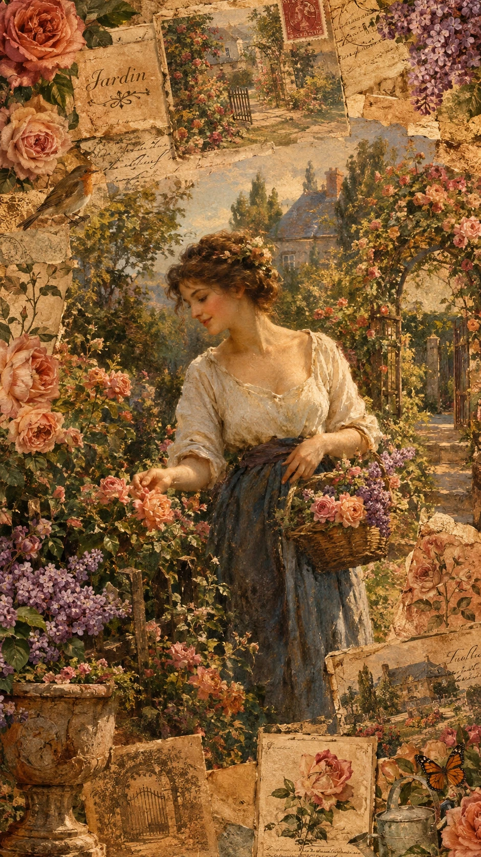 Una donna al centro di un collage vintage di un giardino di rose