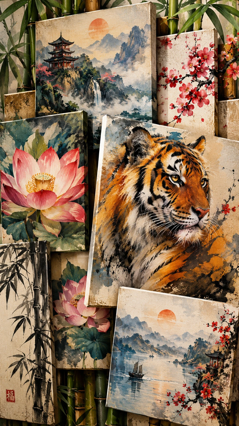 Un tigre et des fleurs donnent vie à un paysage asiatique dans un collage de toiles superposées