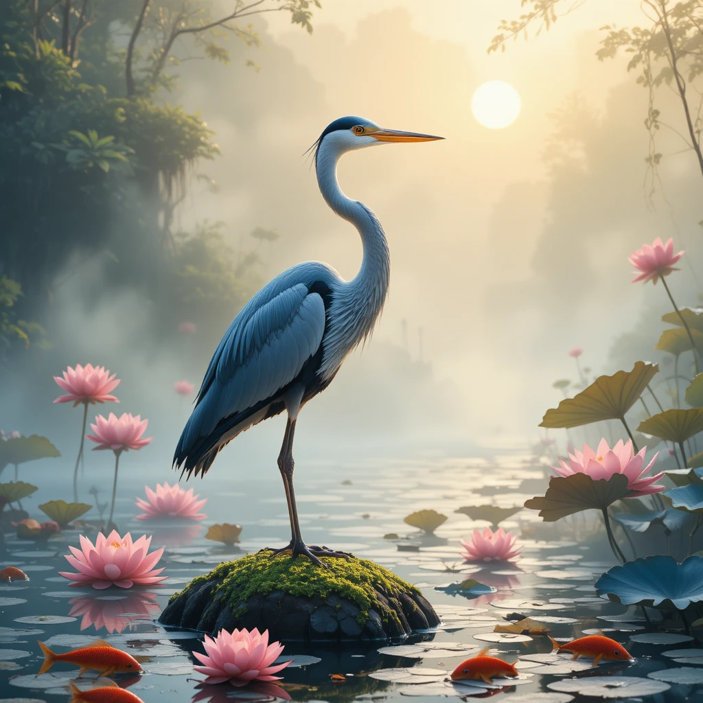 Uma garça-cinzenta ao lado de flores de lótus num lago enevoado ao nascer do sol