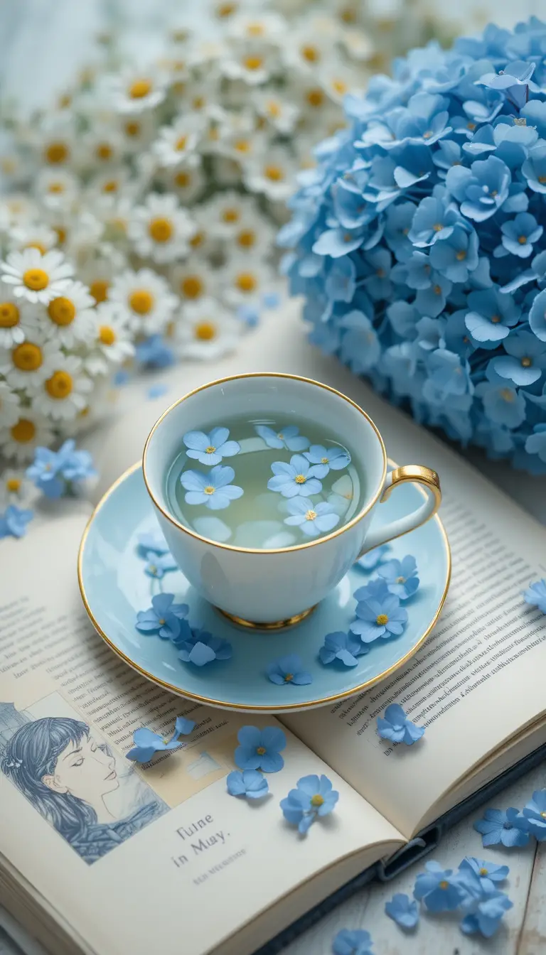A gold-rimmed teacup with blue hydrangea petals on an open book