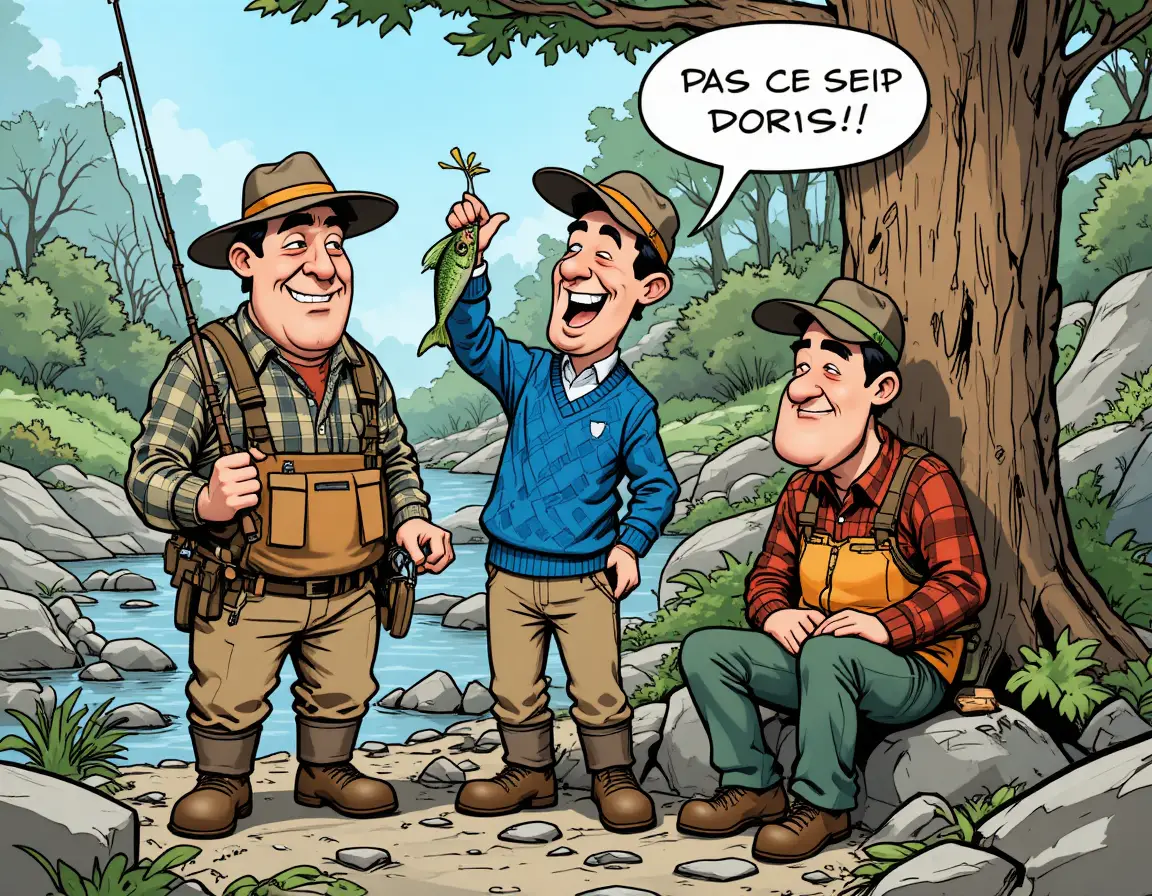 Three fishermen share a comical moment beside a tree