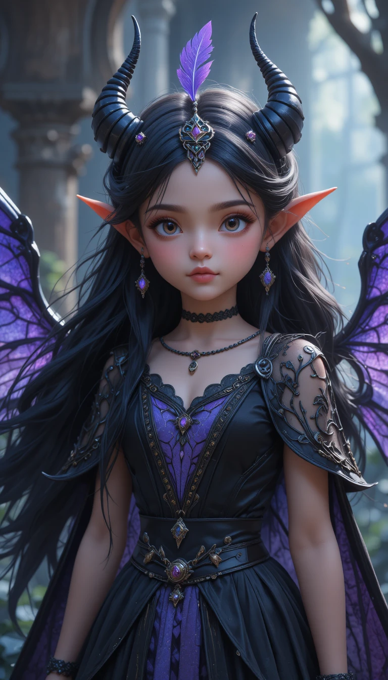 Fille de fantasy de onze ans aux traits de fée ténébreuse et de démon