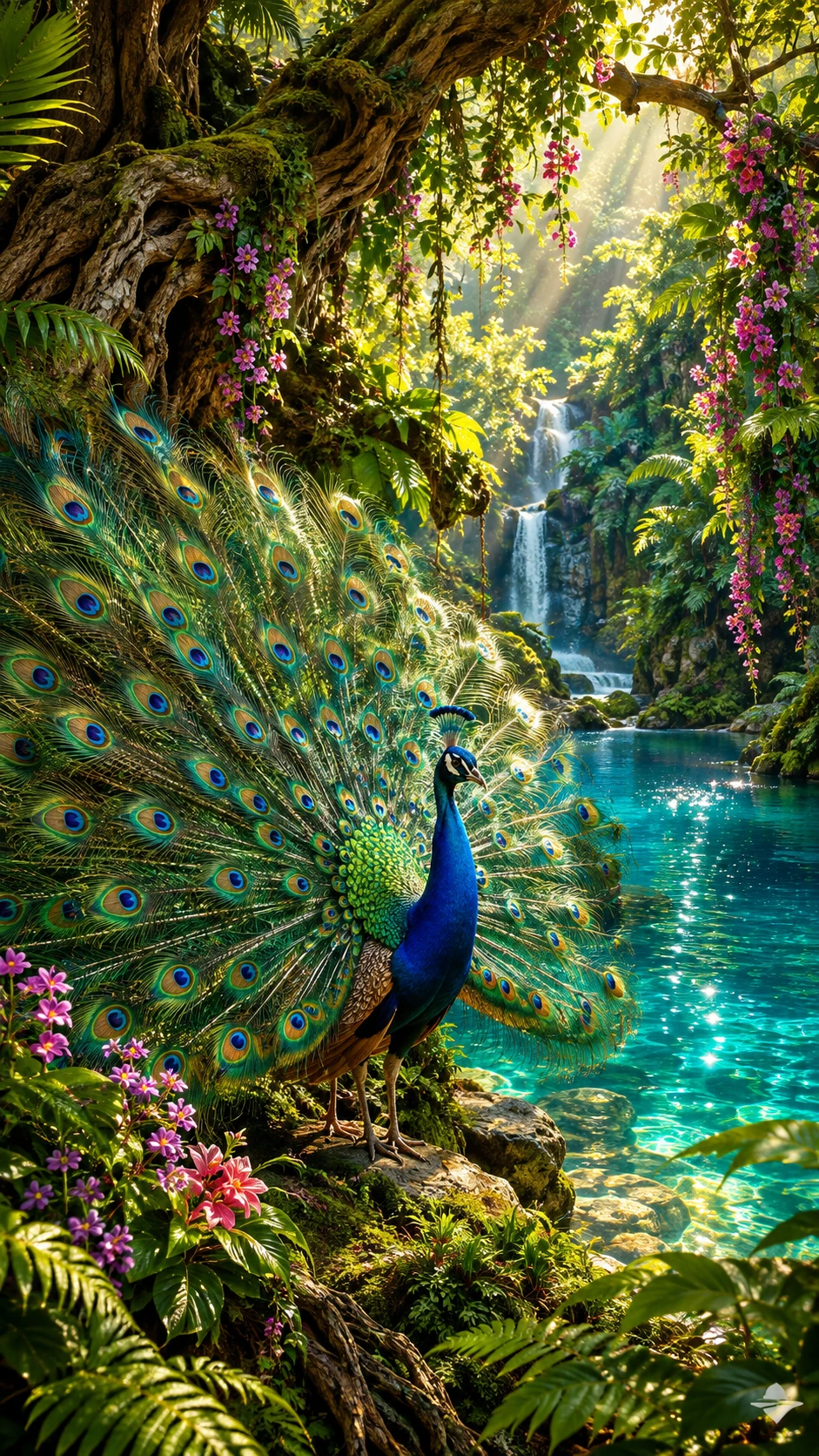 Um pavão exibe sua cauda iridescente ao lado de uma lagoa turquesa escondida