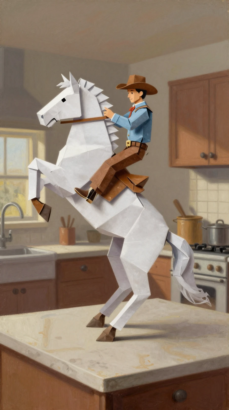 Un cowboy doma un mustang imbizzarrito nella cucina di un grattacielo all'alba