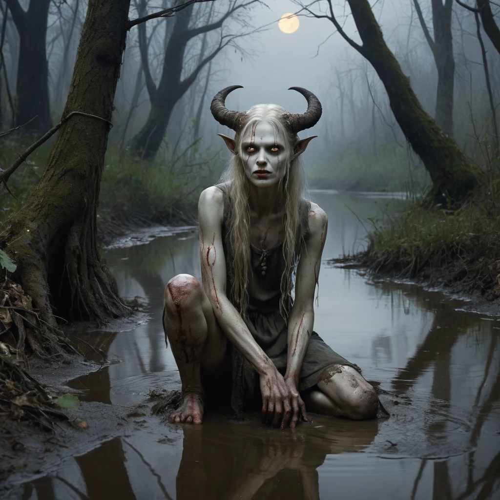 Um espírito do rio e um ghoul encontram-se sob uma lua vermelha