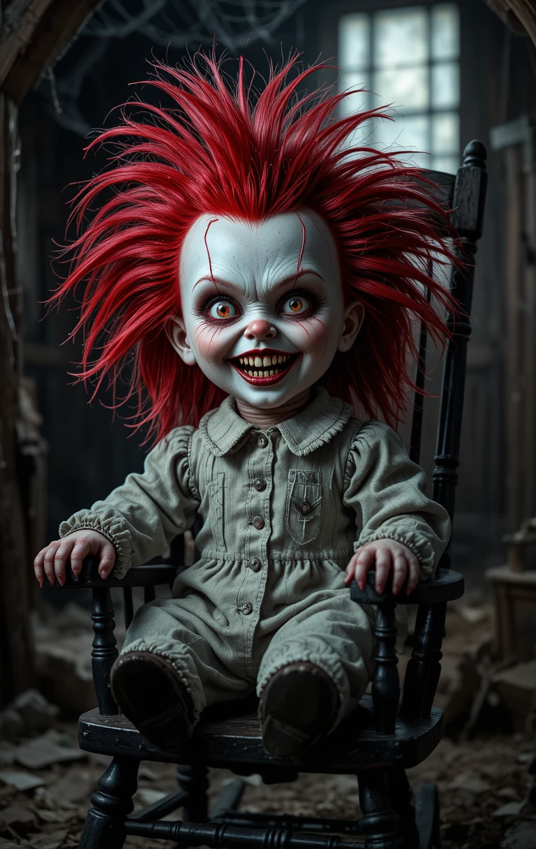 Uma boneca sorridente sentada numa cadeira de balanço num sótão coberto de teias de aranha
