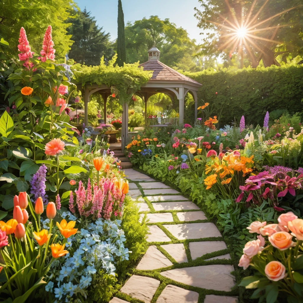 Flores vibrantes desabrocham em meio à exuberante vegetação de um jardim encantador